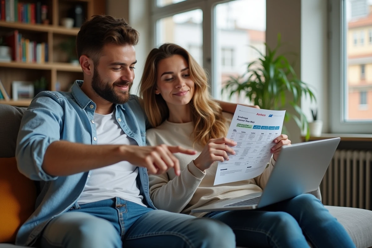 Couple comparant les offres d'énergie en ligne pour réduire le prix du kWh à domicile