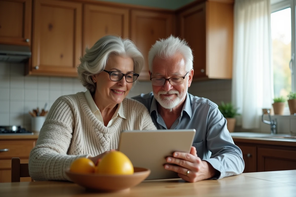 Couple en train de consulter l'espace client CMB sur une tablette dans une cuisine familiale