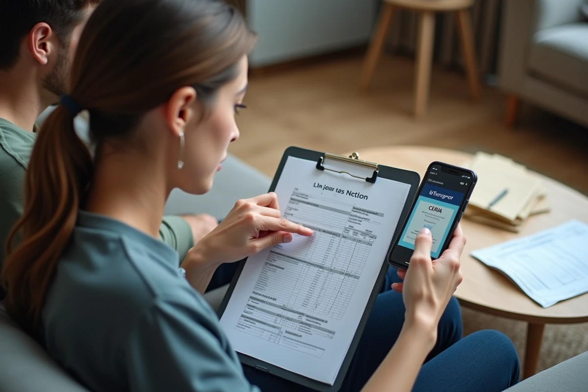 Couple consultant ensemble leur déclaration d'impôts CERFA sur un canapé avec smartphone et documents fiscaux