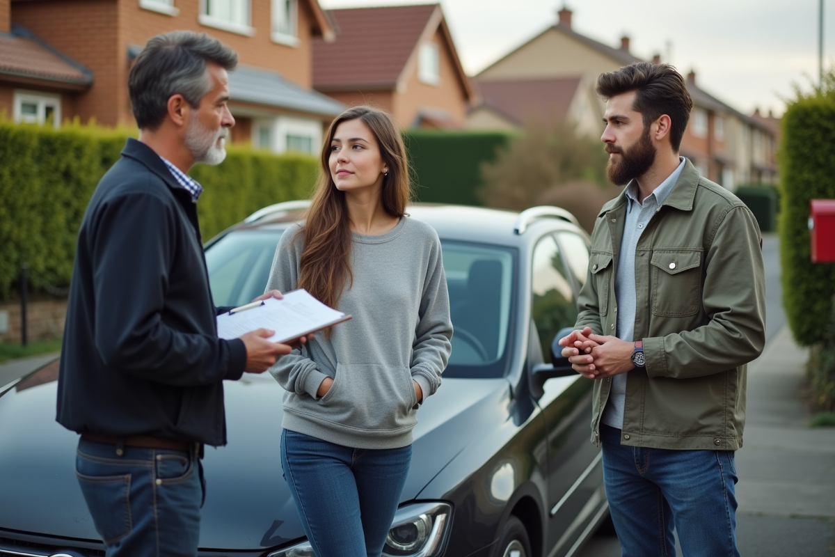 Jeune couple discutant avec un assureur dans la rue