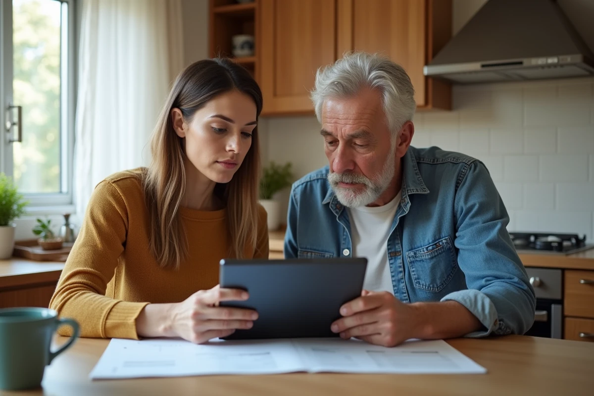Couple discutant d'un avis sur un crédit à la consommation CA Consumer Finance à leur table de cuisine