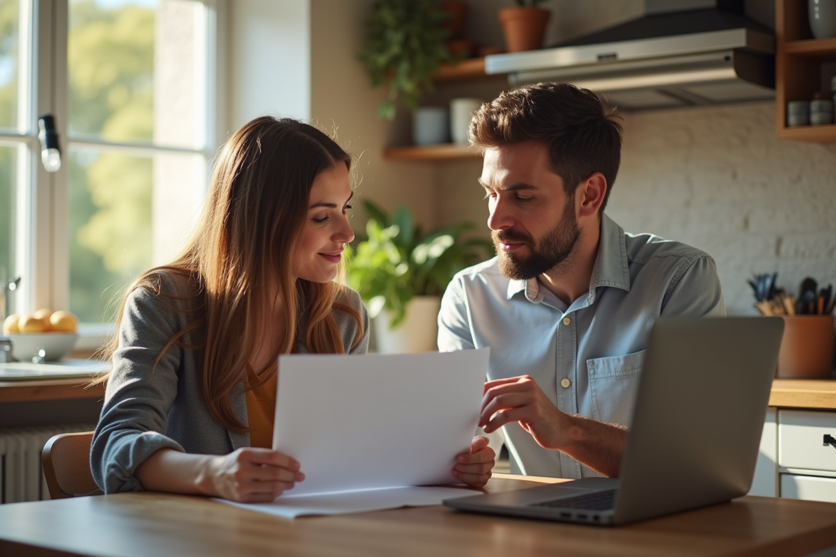 Jeune couple discutant d'épargne pension à la maison