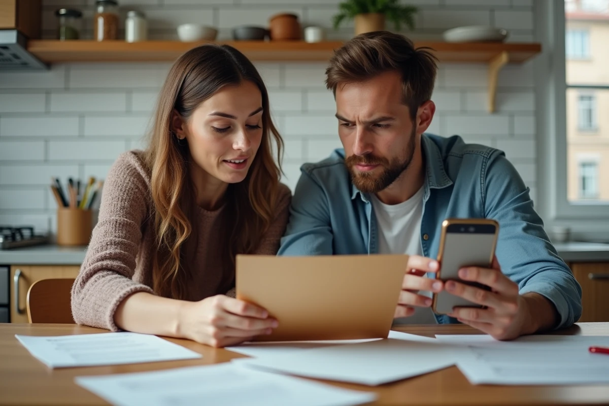 Couple examinant des courriers et documents CAF APL étalés sur une table de cuisine dans un appartement moderne