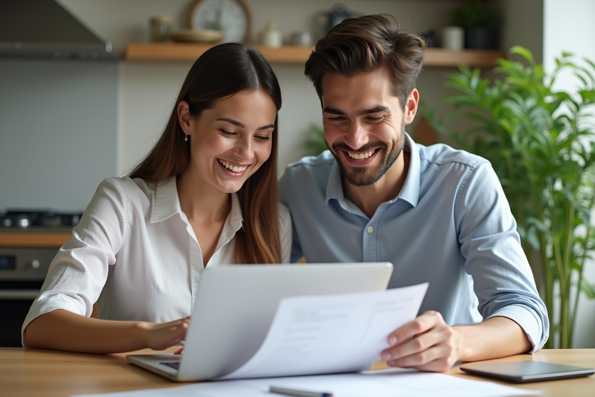 Jeune couple souriant planifiant finances à la maison