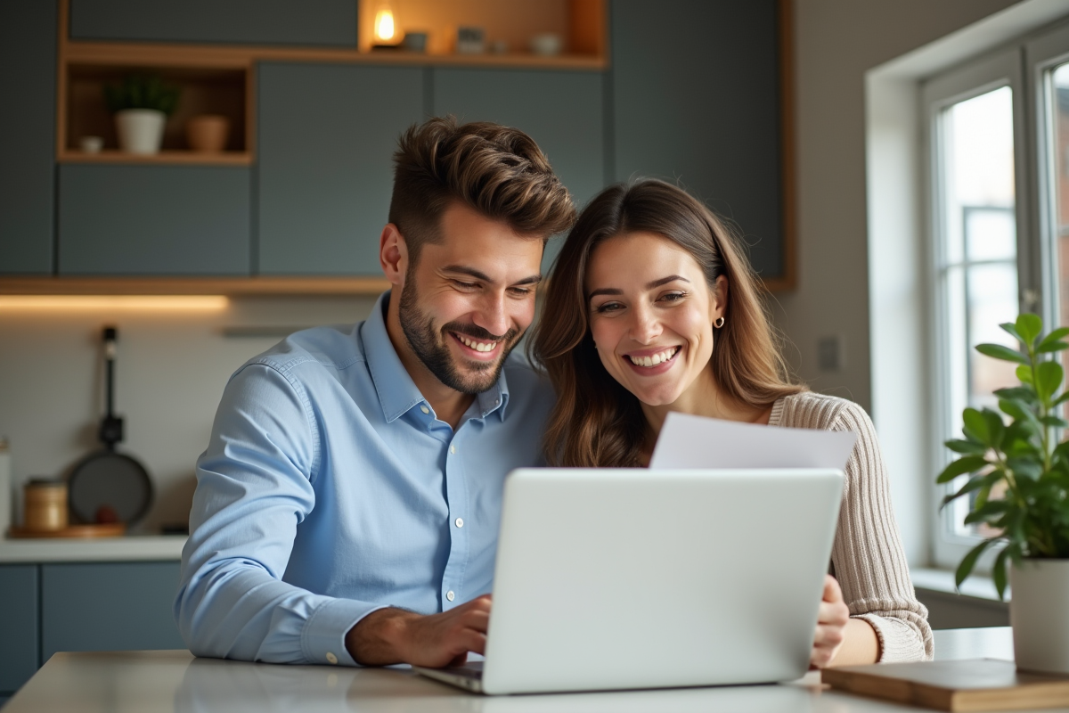 Jeune couple souriant à la maison pour le titre