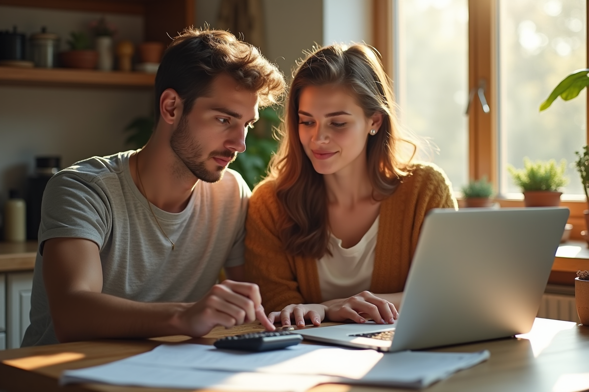 Jeune couple à la maison examine des documents financiers
