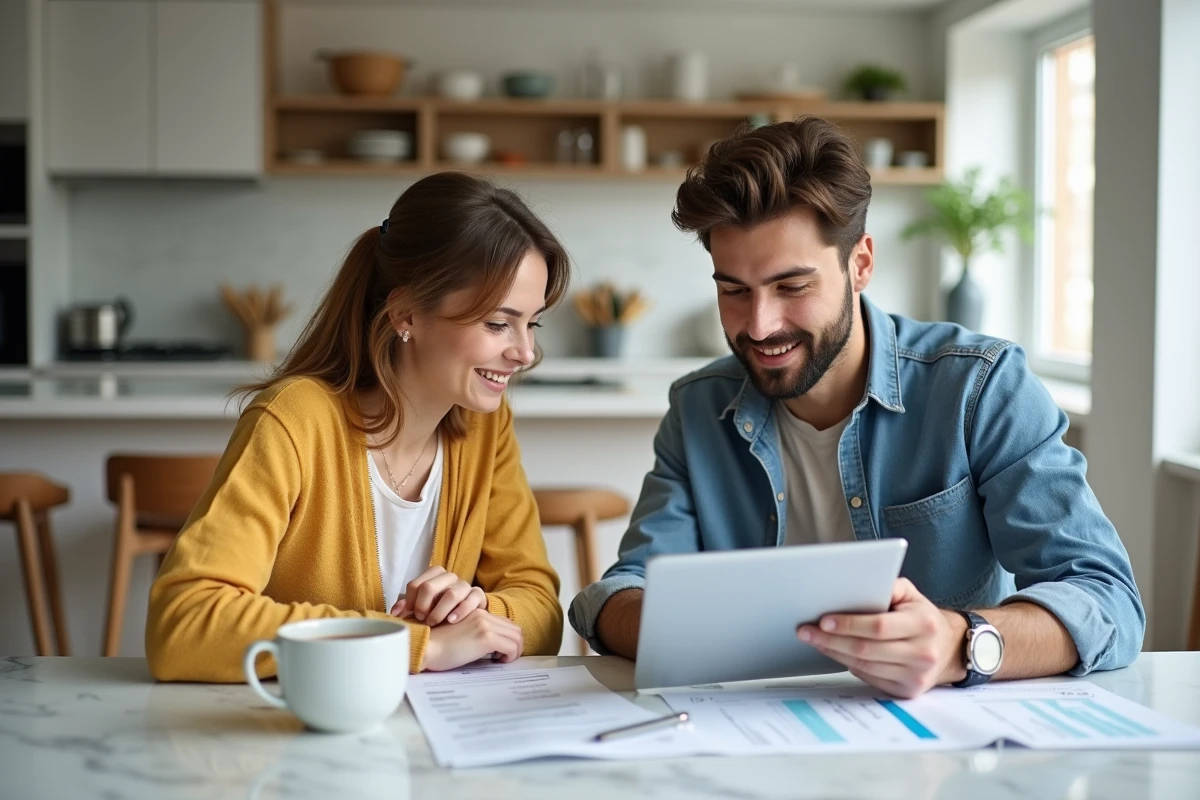Couple gérant ensemble leurs finances personnelles sur tablette et documents papier dans une cuisine moderne