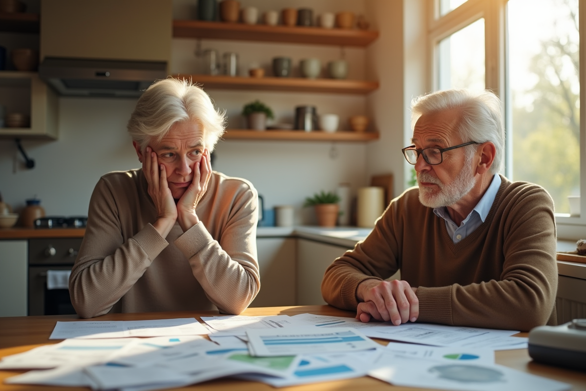 Couple inquiet assis à la cuisine avec factures et documents d'assurance