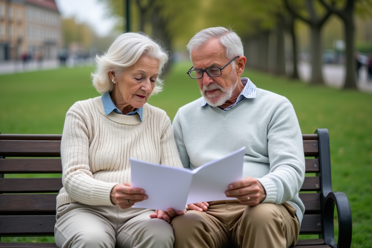 Couple retraité discutant de leur assurance vie en plein air