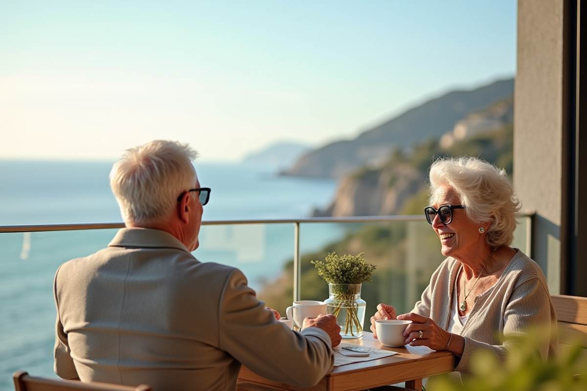 Couple retiree souriant profitant de la vue mer sur la terrasse