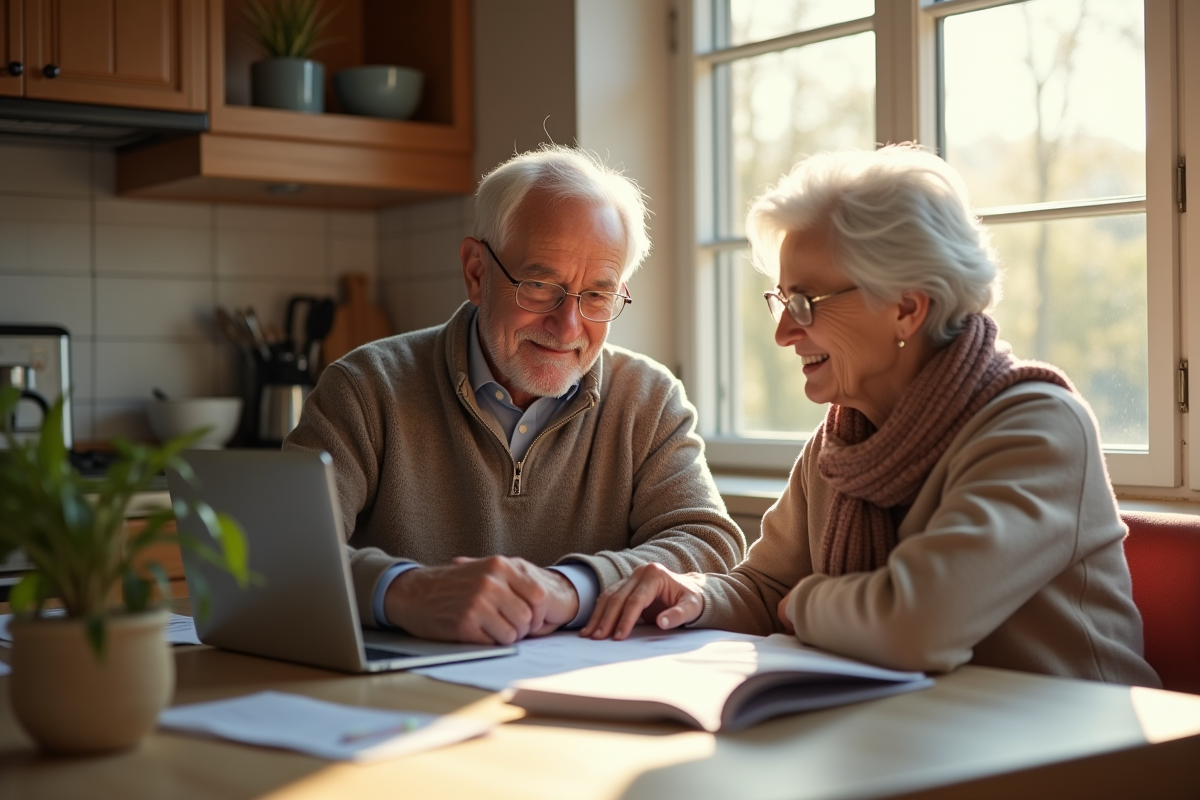 Couple retraités discutant de finances à la maison