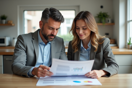 Couple d'adultes en cuisine examinant un portefeuille financier