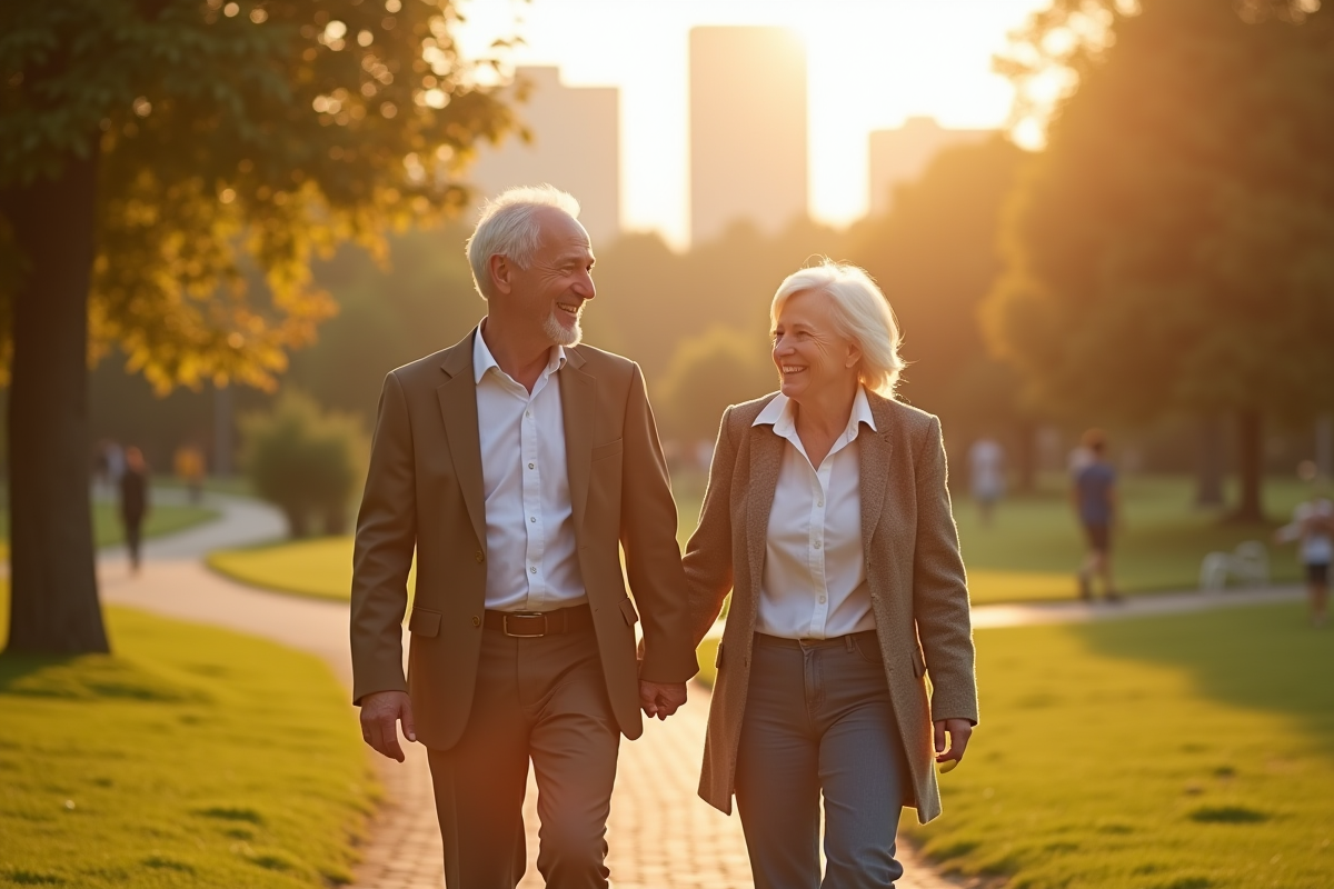 Couple senior marchant main dans la main dans un parc ensoleille