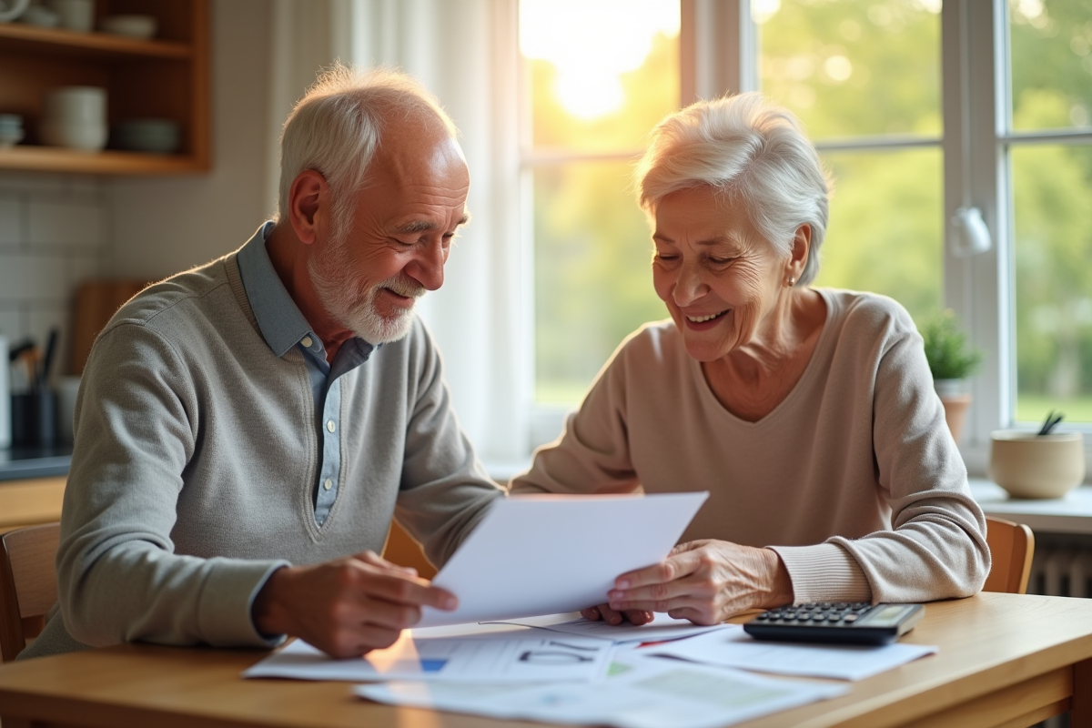 Un couple senior souriant à la table de cuisine pour gérer leurs finances