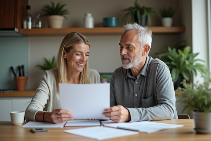 Couple d'adultes en réunion dans une cuisine moderne