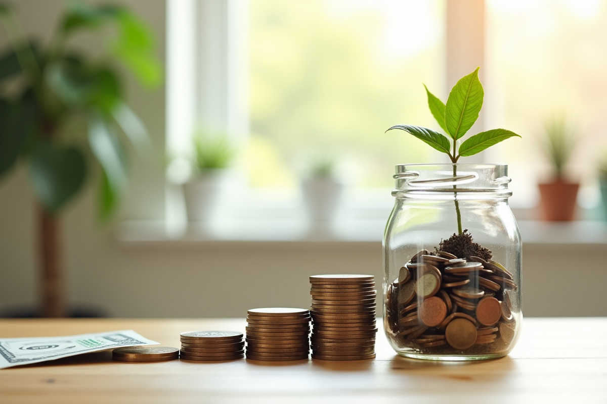 Pile de pièces et billets avec plante symbole de croissance financière