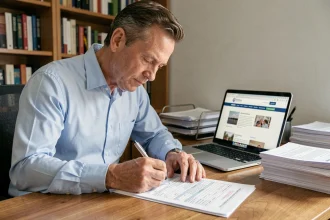 Homme remplissant le formulaire Cerfa 3916 bis pour déclarer un compte bancaire étranger clôturé à son bureau