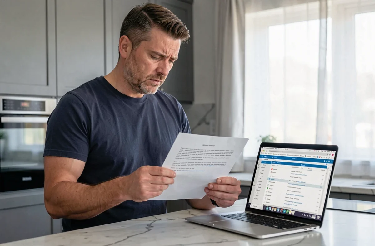 Homme consultant un courrier de Cetelem et vérifiant les délais de réponse sur son ordinateur portable