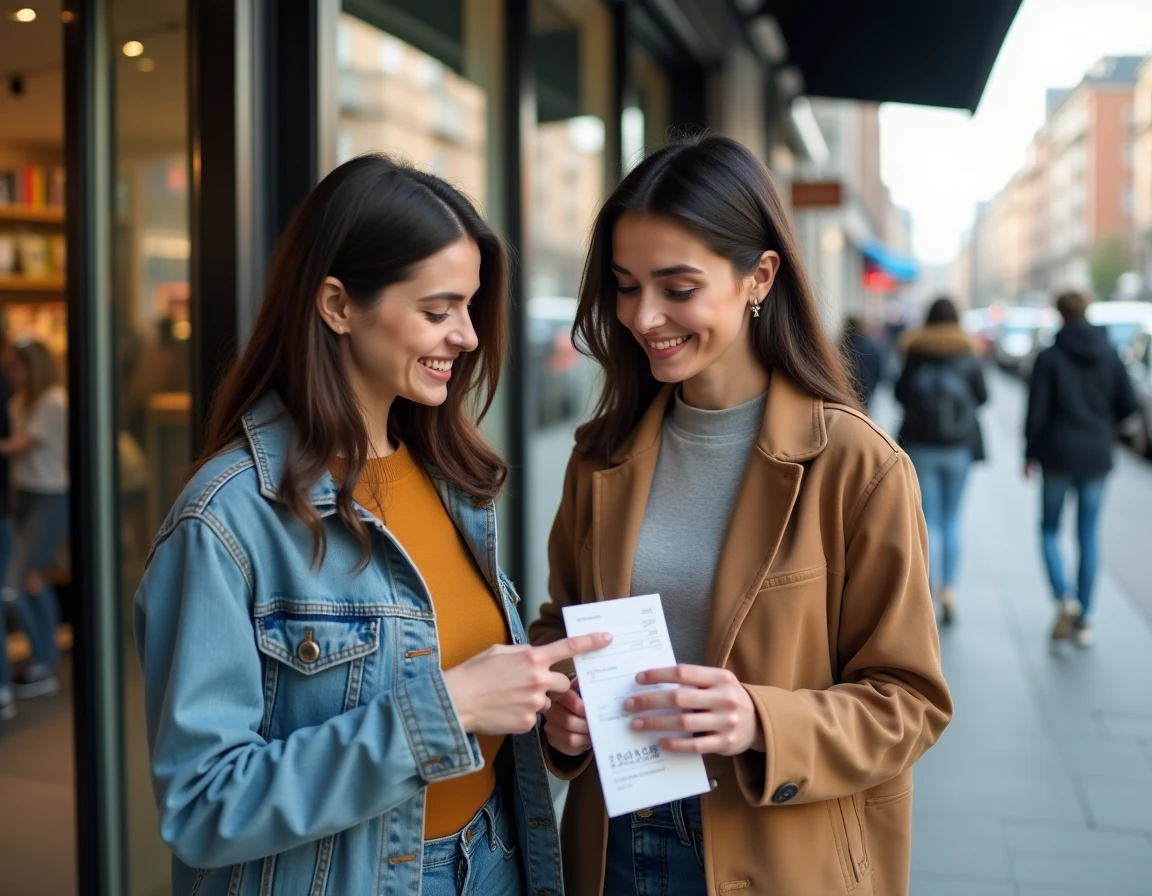 Deux femmes devant un magasin comparant une carte de fidélité et un reçu pour maximiser leurs avantages de remboursement