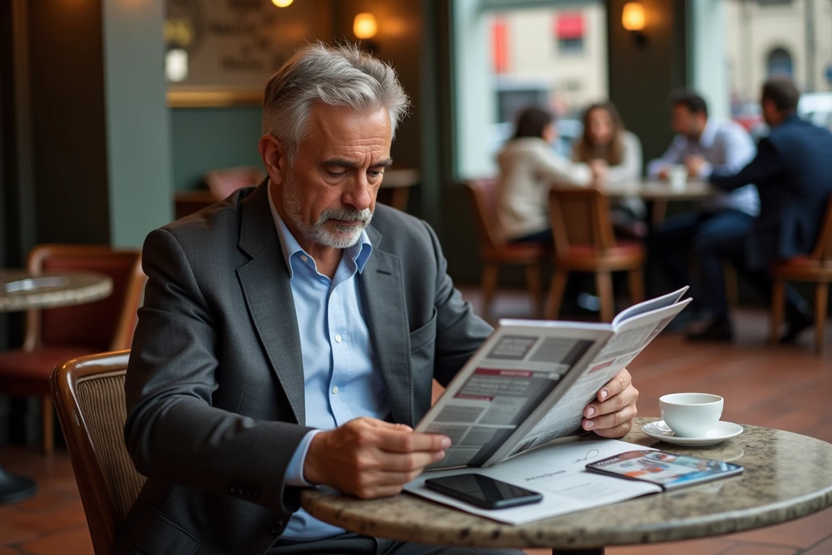 Dirigeant du secteur assurantiel lisant un magazine spécialisé dans un café parisien avec son smartphone affichant des actualités fintech