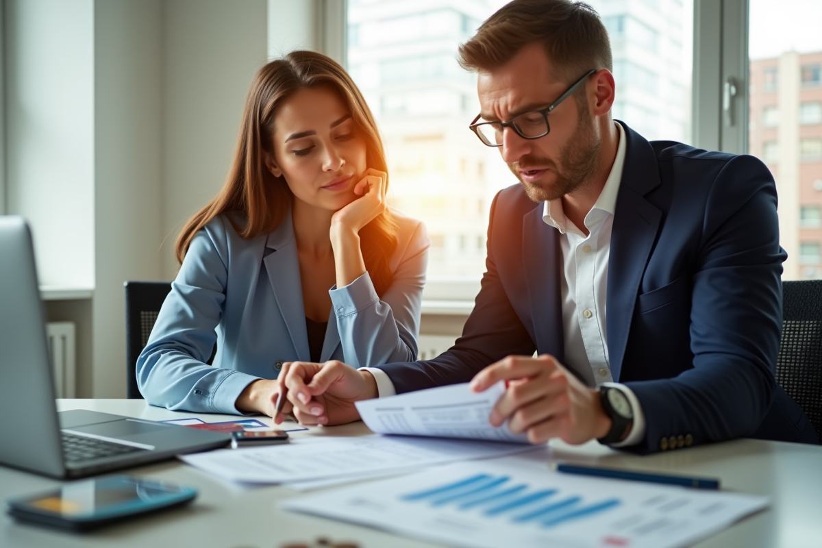Professionnels discutant d un relevé bancaire au bureau