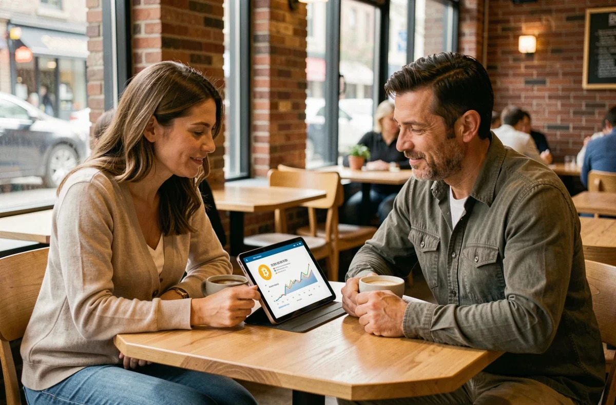 Deux personnes discutant d'un investissement en Bitcoin autour d'une tablette dans un café moderne