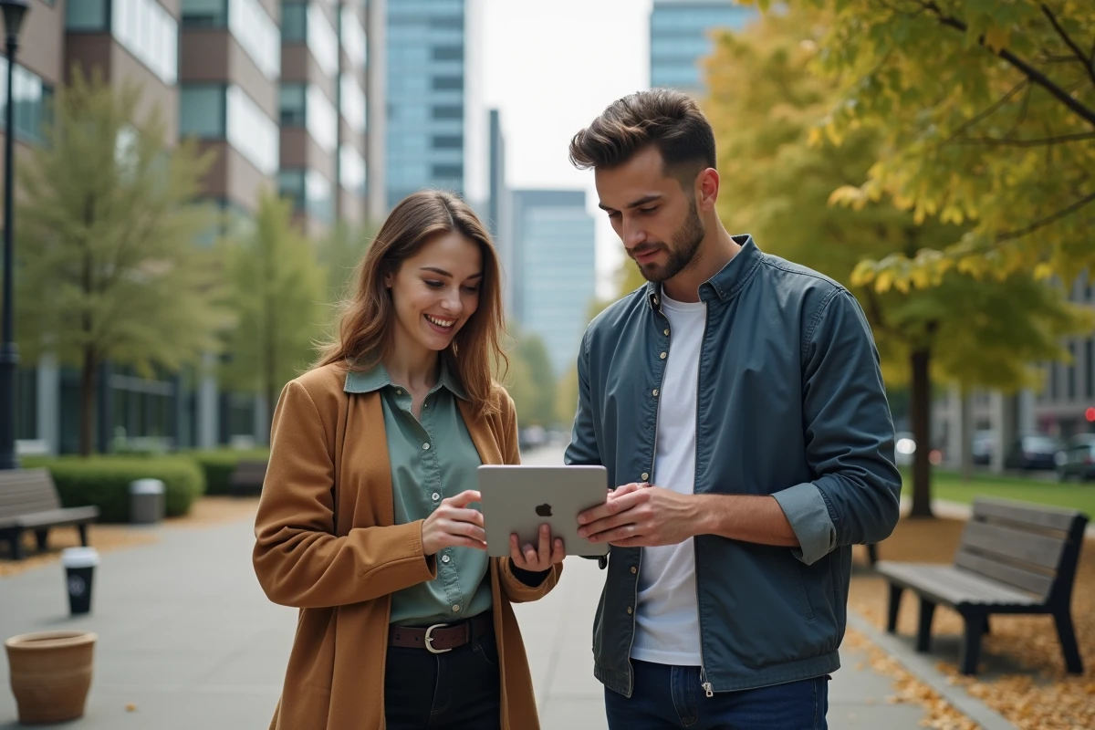Jeune couple discutant avec une tablette dans un parc urbain