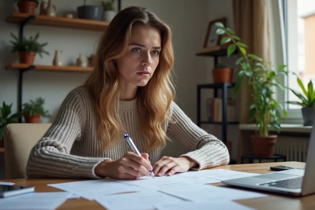 Jeune femme consultant son dossier CAF APL sur des formulaires administratifs posés sur un bureau en bois dans un appartement
