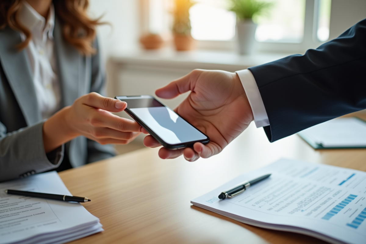 Deux mains échangeant un smartphone avec confirmation de transfert bancaire
