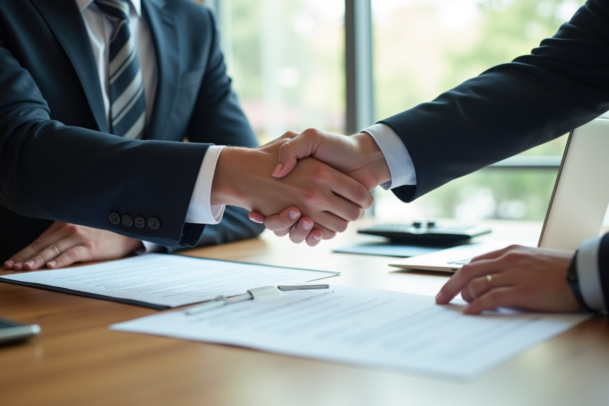 Main échangeant un contrat signé sur un bureau professionnel