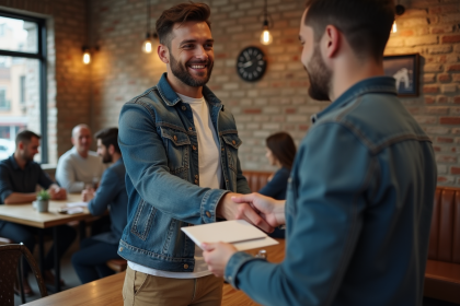 Homme en denim échange un enveloppe dans un café