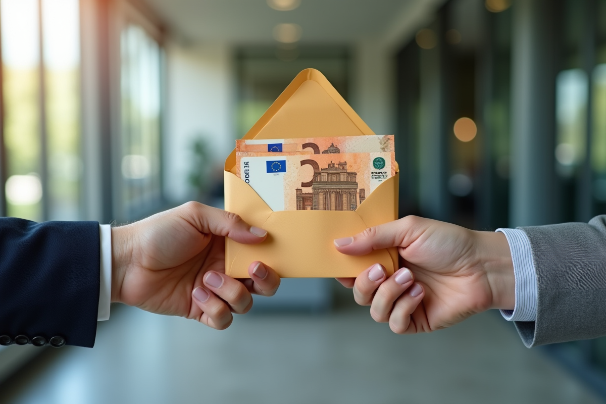 Deux mains échangeant une enveloppe avec des billets d