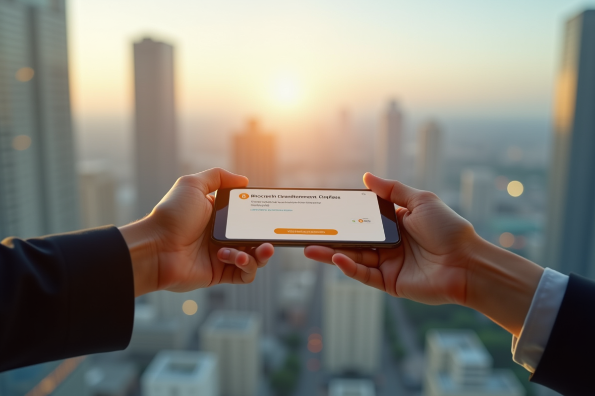 Deux mains échangeant une transaction bitcoin sur smartphone