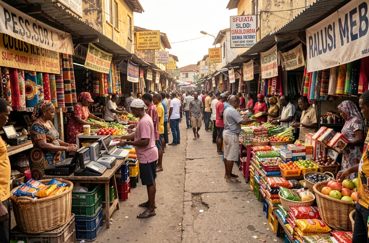 Marché animé de Lagos en Nigéria illustrant la vitalité économique informelle d'une puissance africaine sous-estimée