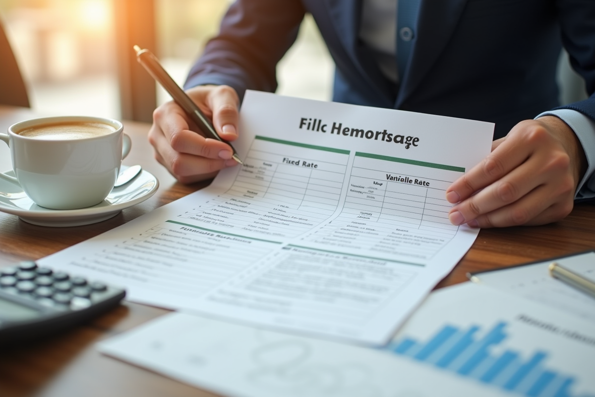 Bureau bien éclairé avec mains comparant documents de pret immobilier