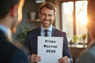 Employe heureux recevant un document Prime Macron 2025 dans un bureau lumineux