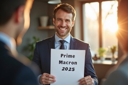 Employe heureux recevant un document Prime Macron 2025 dans un bureau lumineux