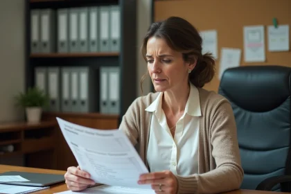 Enseignante d age moyen examinant un bulletin de salaire