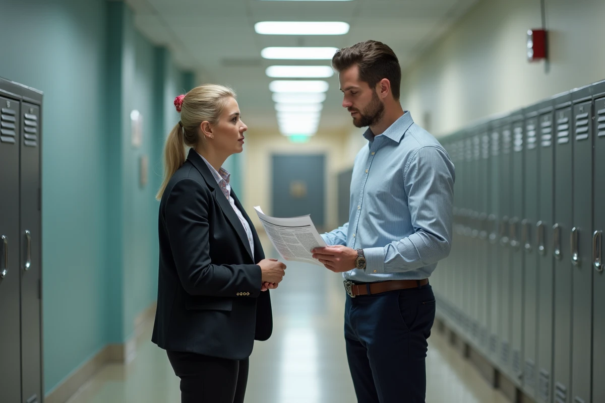 Deux enseignants discutant d'un document de paie dans un couloir d'établissement scolaire public français