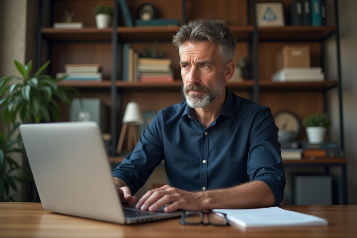 Homme tapant un email de réclamation à Cofica Bail depuis son bureau à domicile