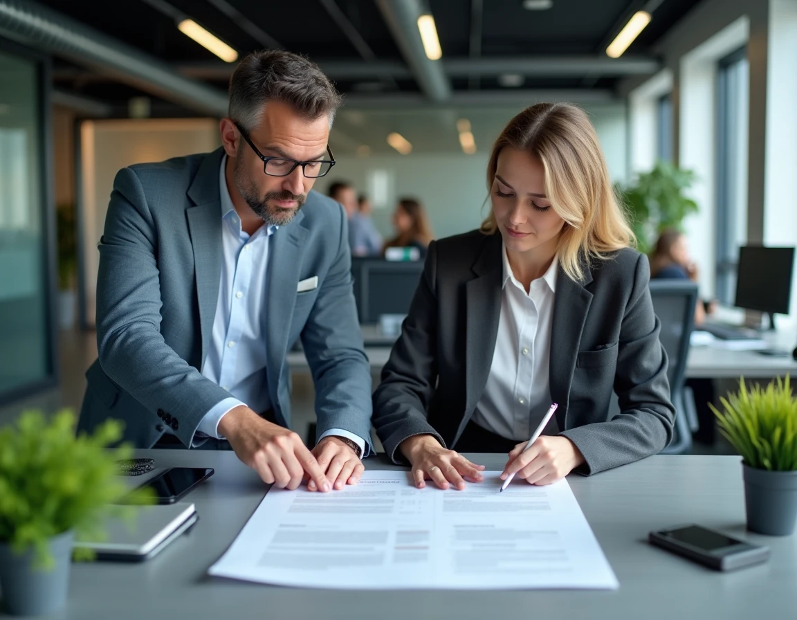 Deux professionnels de la finance évaluant ensemble le règlement d'une prop firm dans un bureau moderne