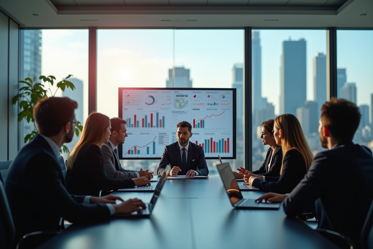 Groupe de professionnels discutant de graphiques financiers