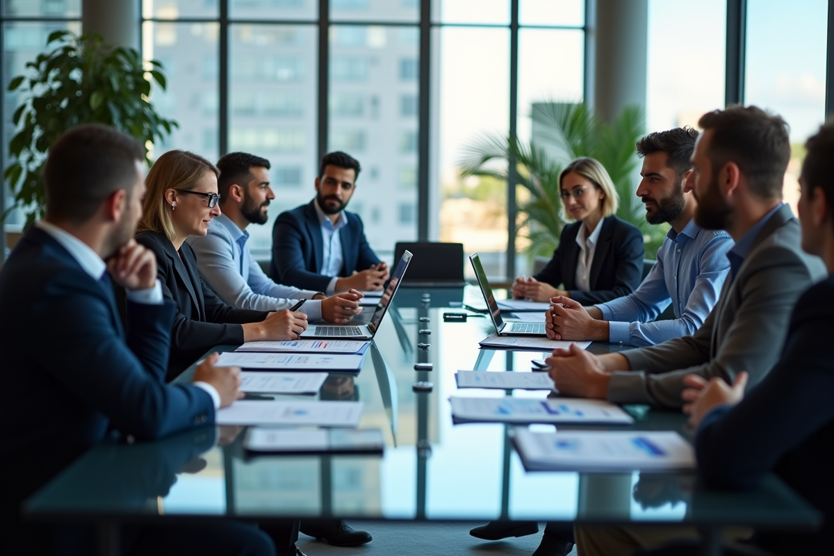Groupe de professionnels discutant gestion de risque en réunion
