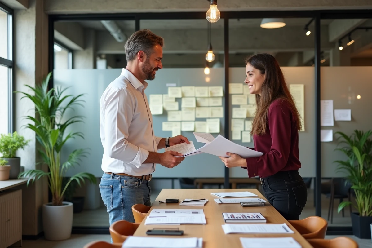 Deux professionnels de l'assurance discutant d'innovations assurantielles autour de publications sectorielles dans un espace de coworking