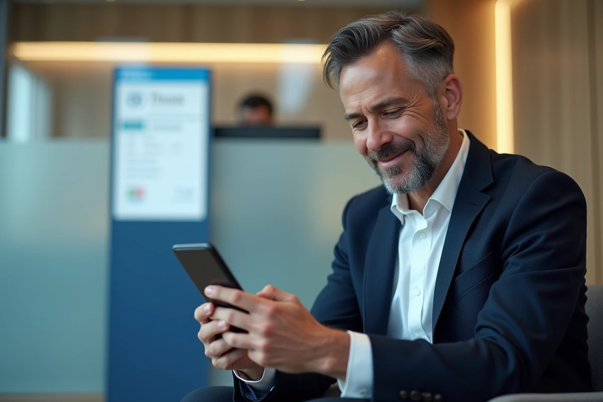 Homme consultant son espace personnel LCL sur smartphone dans une agence bancaire moderne