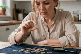 Femme examinant une pièce de 2 euros rare avec une loupe sur une table en bois, entourée de pièces de collection