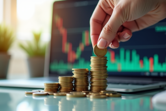 Main posant une pièce d euro près d une pile de pièces avec un graphique boursier en arrière-plan