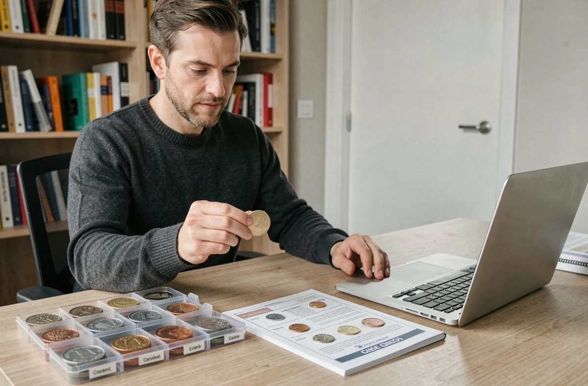 Homme comparant une pièce de 2 euros rare avec un guide numismatique et des porte-monnaies de collection sur un bureau