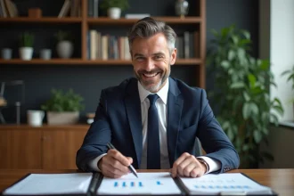 Homme d'affaires confiant en costume navy dans un bureau moderne