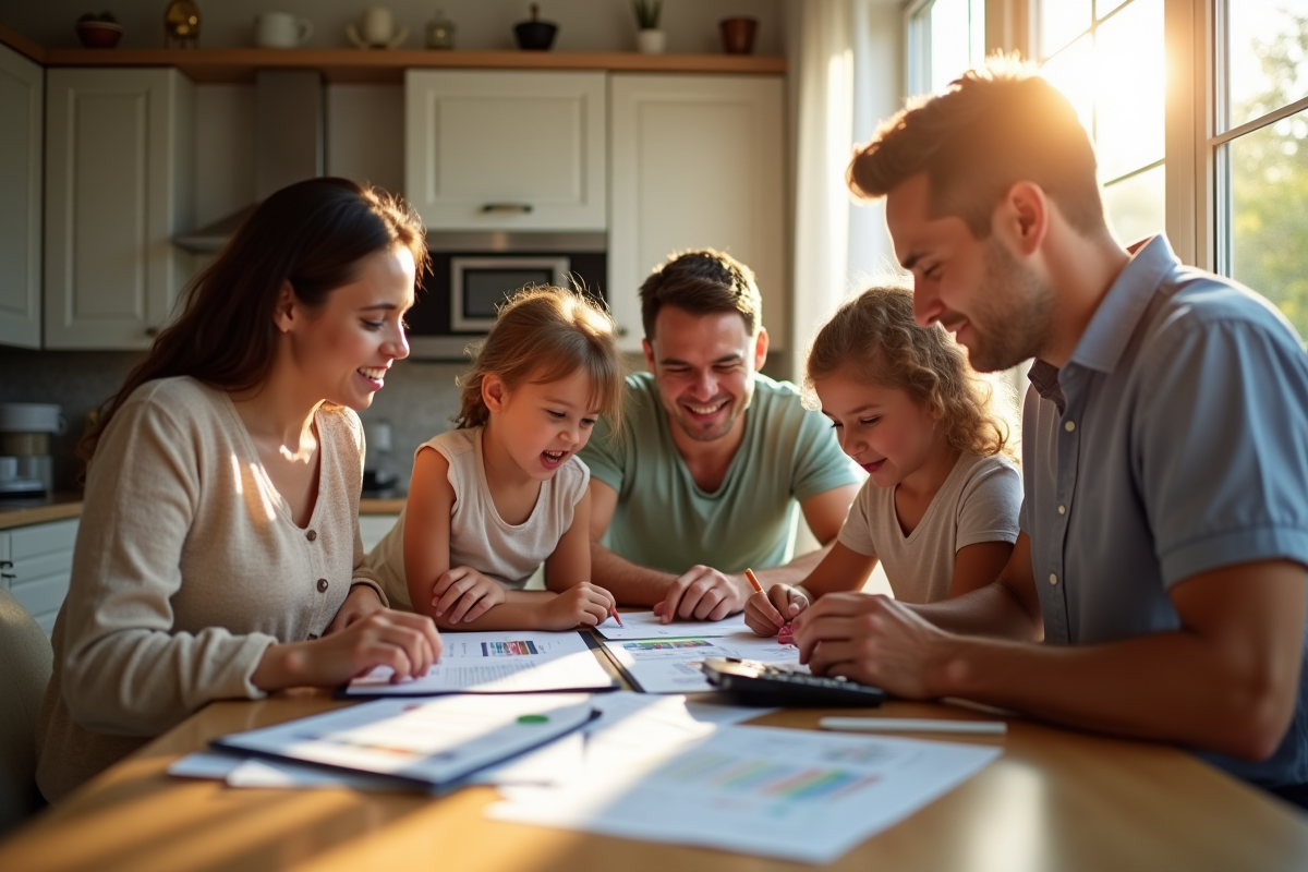 Famille diverse autour d'une table cuisine pour gérer ses finances